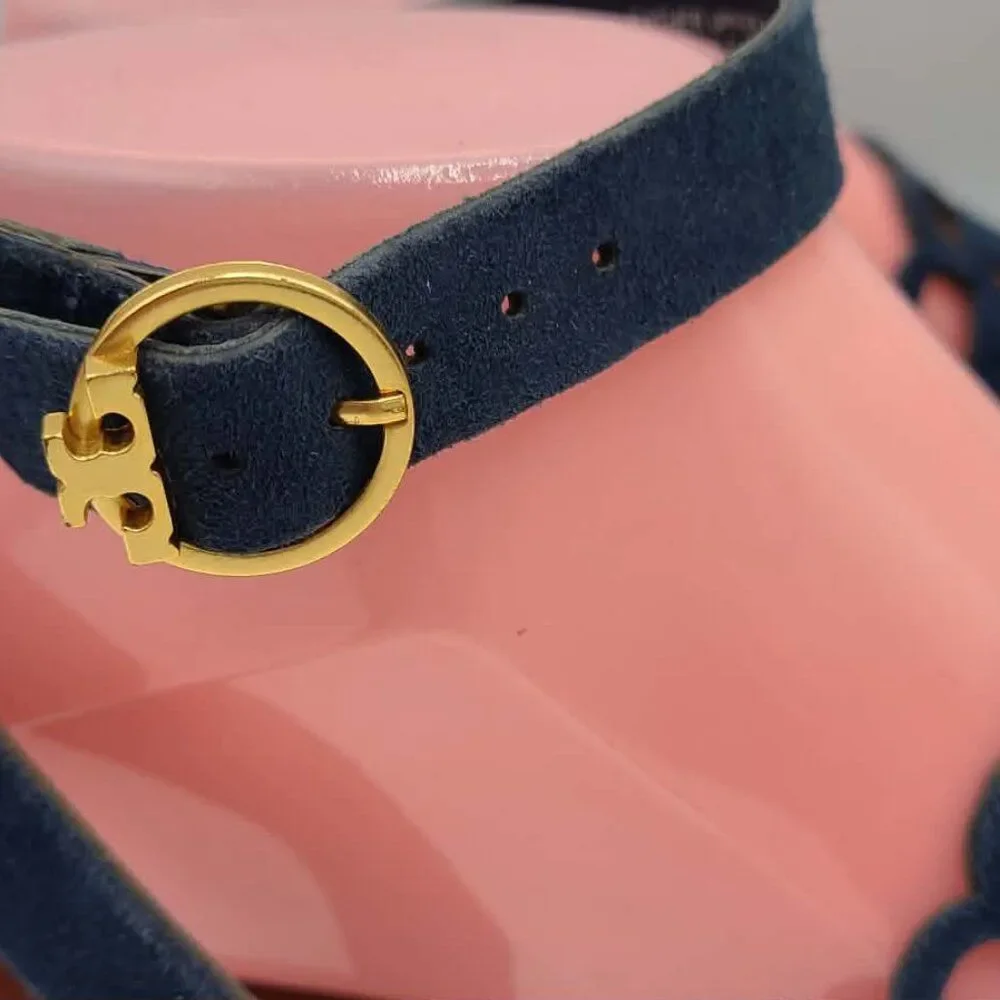 Tory Burch May Flat Lancaster Navy Ankle Strap Sandals size 7M